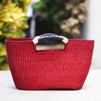 Handtasche mit Naturfasergriff - Handtasche aus rotem Raffiabast und Ledergriff