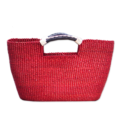 Handtasche mit Naturfasergriff - Handtasche aus rotem Raffiabast und Ledergriff
