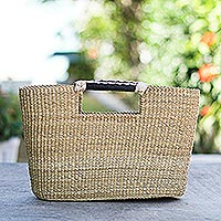 Natural fiber handle handbag, 'Saturday Market in Natural' - Woven Raffia and Leather Handle Handbag
