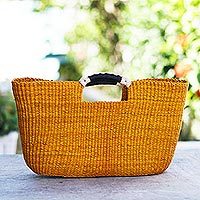 Raffia handle handbag, 'Sunlit Afternoon in Orange' - Woven Raffia Handle Handbag in Orange