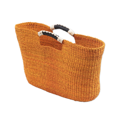 Handtasche mit Bastgriff - Gewebte Handtasche mit Raffiabast-Griff in Orange