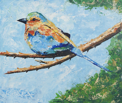 'Lilae-Breasted Roller' - Pintura de pájaro acrílico impresionista sin estirar firmada