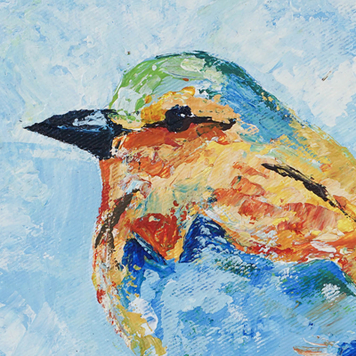 'Lilae-Breasted Roller' - Signiertes, ungedehntes, impressionistisches Vogelgemälde aus Acryl