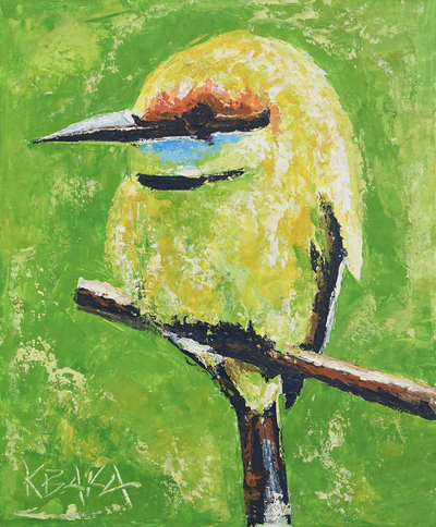 Green Acrylic Bird Painting on Canvas
