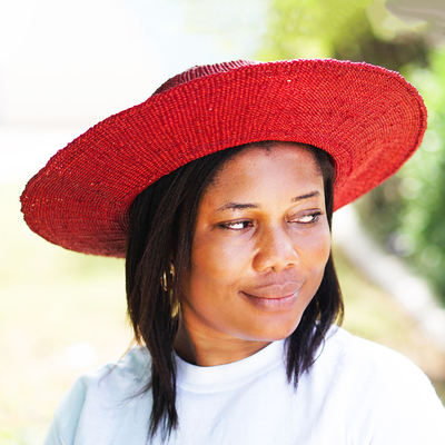 Woven Raffia Sun Hat in Red - Shaded