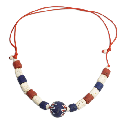 Blue and Red Recycled Glass Beaded Necklace