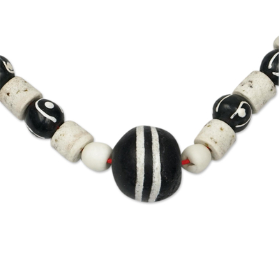 Recycled glass beaded bracelet, 'Youth Culture' - Black and White Recycled Glass Beaded Necklace