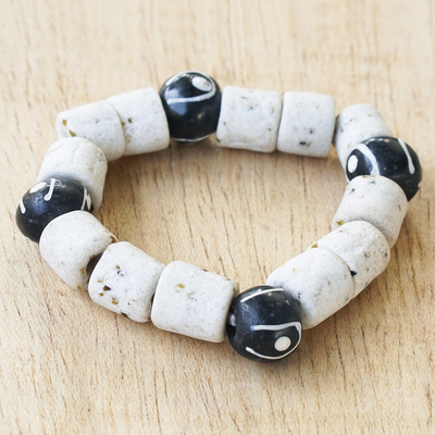 Recycled glass beaded bracelet, 'Youth Culture' - Black and White Recycled Glass Beaded Bracelet