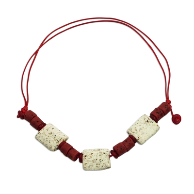 White and Red Recycled Glass Beaded Necklace