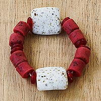 Recycled glass beaded bracelet, 'Marvel at Me' - Red and White Eco-Friendly Glass Beaded Bracelet