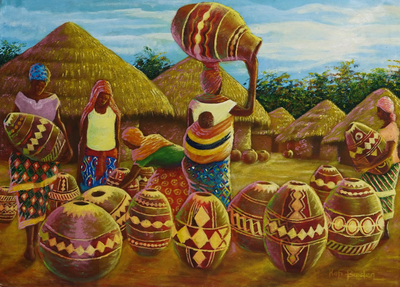 Acrylic Village Scene on Canvas