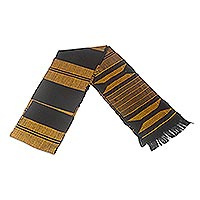 Cotton scarf, 'One Beat' - Fringed Black and Gold Scarf from Ghana