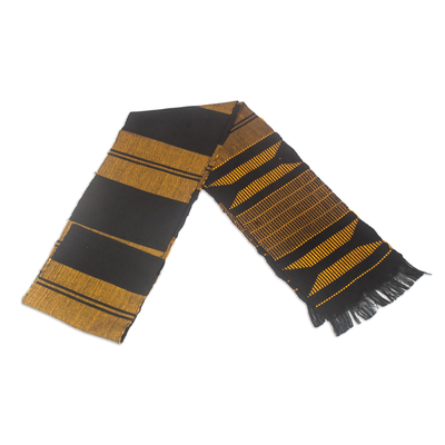 Cotton scarf, 'One Beat' - Fringed Black and Gold Scarf from Ghana