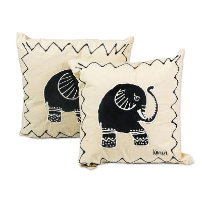 Hand-painted cotton cushion covers, 'Trumpeting' (pair) - Elephant-Themed Cotton Cushion Covers (Pair)