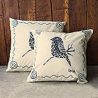 Hand-painted cotton cushion covers, 'Perching' (pair) - Bird-Themed Cotton Cushion Covers (Pair)