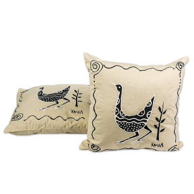 Hand-painted cotton cushion covers, 'Strutting' (pair) - Hand-Painted Calico Cotton Cushion Covers (Pair)