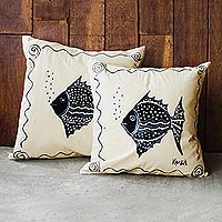 Hand-painted cotton cushion covers, 'Gurgling' (pair) - Fish-Themed Cotton Cushion Covers (Pair)