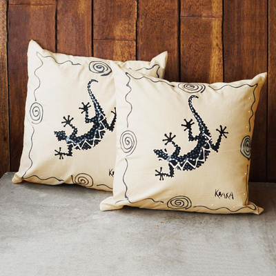 Hand-painted cotton cushion covers, 'Slithering' (pair) - Lizard-Themed Cotton Cushion Covers (Pair)
