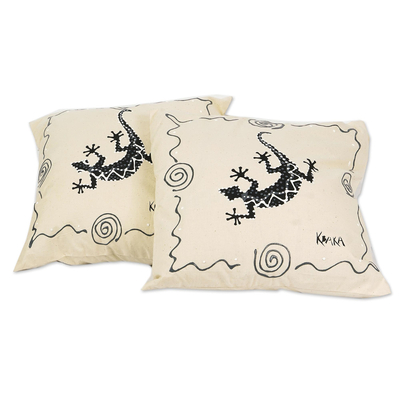 Hand-painted cotton cushion covers, 'Slithering' (pair) - Lizard-Themed Cotton Cushion Covers (Pair)