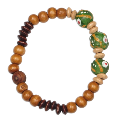 Wood beaded stretch bracelet, 'Great Power' - Artisan Crafted Recycled Glass Beaded Bracelet