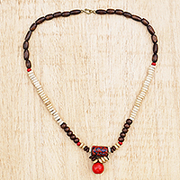 Wood beaded pendant necklace, 'Red Power' - Hand Crafted Wood and Glass Beaded Pendant Necklace