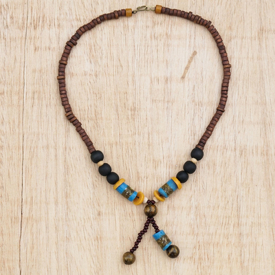 Lasso-Halskette aus Tigerauge - Lariat-Halskette mit Tigerauge und Sese-Holzperlen