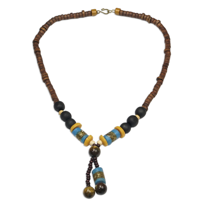 Tiger's eye lariat necklace, 'Mighty Earth' - Tiger's Eye and Sese Wood Beaded Lariat Necklace