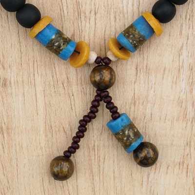 Lasso-Halskette aus Tigerauge - Lariat-Halskette mit Tigerauge und Sese-Holzperlen