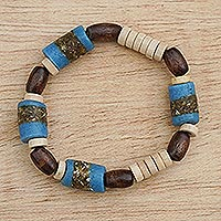 Wood beaded stretch bracelet, 'Vital Blue' - Hand Made Recycled Glass Bead Stretch Bracelet