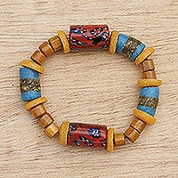 Wood beaded stretch bracelet, 'Party Time' - Eco-Friendly Recycled Glass Bead Stretch Bracelet
