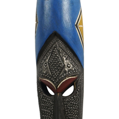 African wood mask, 'Blue Star' - Hand Carved Rubber Wood and Aluminum Plate Mask