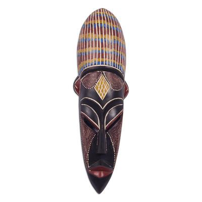 Afrikanische Holzmaske, „Baba“ – handgefertigte Maske aus Kautschukholz und Aluminiumplatte