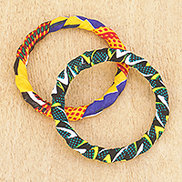 Cotton bangle bracelets, 'Beautiful Today' (pair) - Hand Crafted Fabric and Wood Bangle Bracelets (Pair)