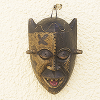 African wood mask, 'Bakongo Grin' - Hand Made African Sese Wood Mask