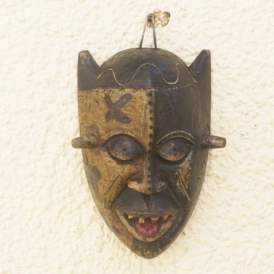 African wood mask, 'Bakongo Grin' - Hand Made African Sese Wood Mask