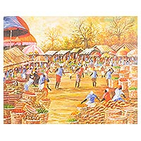 'Market' - Signed Market Scene Painting on Canvas