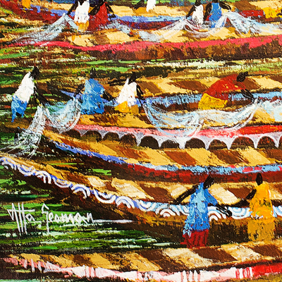 'Waschen des Netzes' - Acryl Fischer Gemälde auf Leinwand