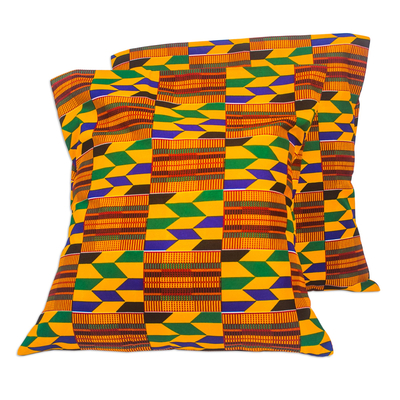 Kissenbezüge aus Baumwolle, (Paar) - Kissenbezüge aus Kente-Stoff aus Baumwolle aus Ghana (Paar)