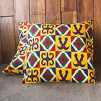 Cotton cushion covers, 'Sword and Strength' (pair) - Adinkra-Themed Cotton Cushion Covers from Ghana (Pair)