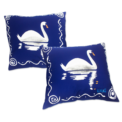 Cotton cushion covers, 'Swan Swimming' (pair) - Blue and White Cotton Swan-Motif Cushion Covers (Pair)