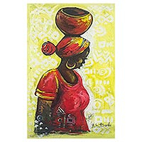 'Woman in Red' - Red and Yellow Acrylic Figure Painting on Canvas