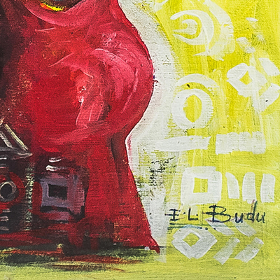 'Mujer de rojo' - Figura acrílica roja y amarilla sobre lienzo