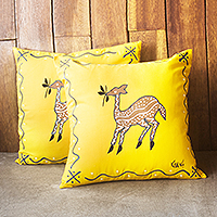 Cotton cushion covers, 'Prancing Deer' (pair) - Artisan Crafted Antelope-Motif Cotton Cushion Covers (Pair)