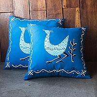 Cotton cushion covers, 'Strutting Bird' (pair) - Blue Cotton Bird-Motif Cushion Covers (Pair)