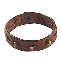 Leather wristband bracelet, 'Run Along in Tan' - Unisex Leather and Brass Wristband Bracelet