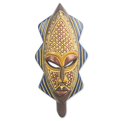Máscara de madera africana - Máscara artesanal de madera y chapada en aluminio.
