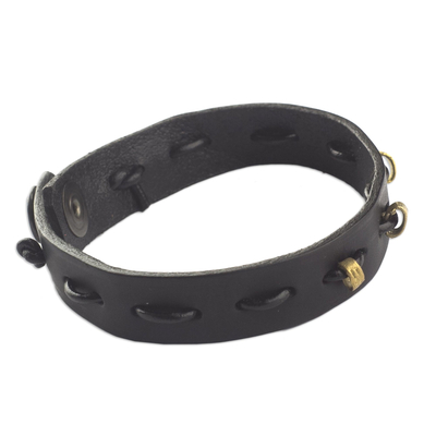 Armband aus Leder - Armband aus schwarzem Leder und Messing