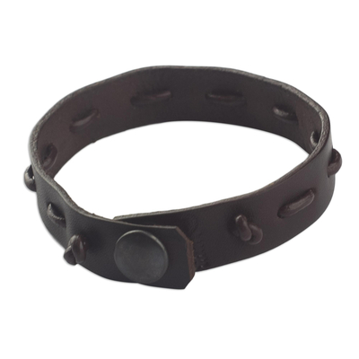 Leather wristband bracelet, 'Run Along in Brown' - Brown Leather and Brass Wristband Bracelet
