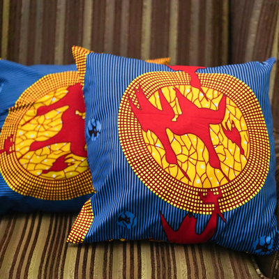 Cotton cushion covers, 'Royal Birds' (pair) - Bird-Motif Cotton Cushion Covers (Pair)