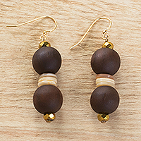 Wood dangle earrings, 'Awo' - Sese Wood and Recycled Glass Bead Dangle Earrings